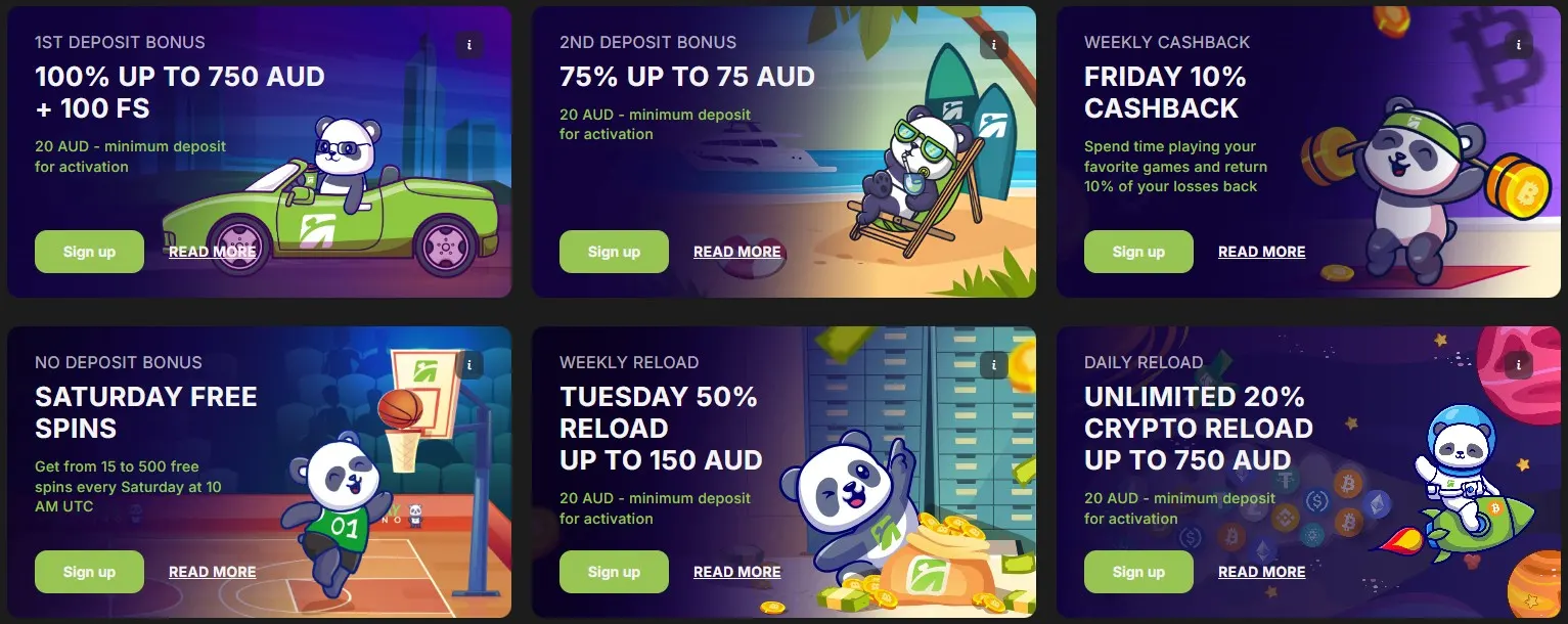 Fastpay Casino Australia promotions section showing AUD bonus cards
