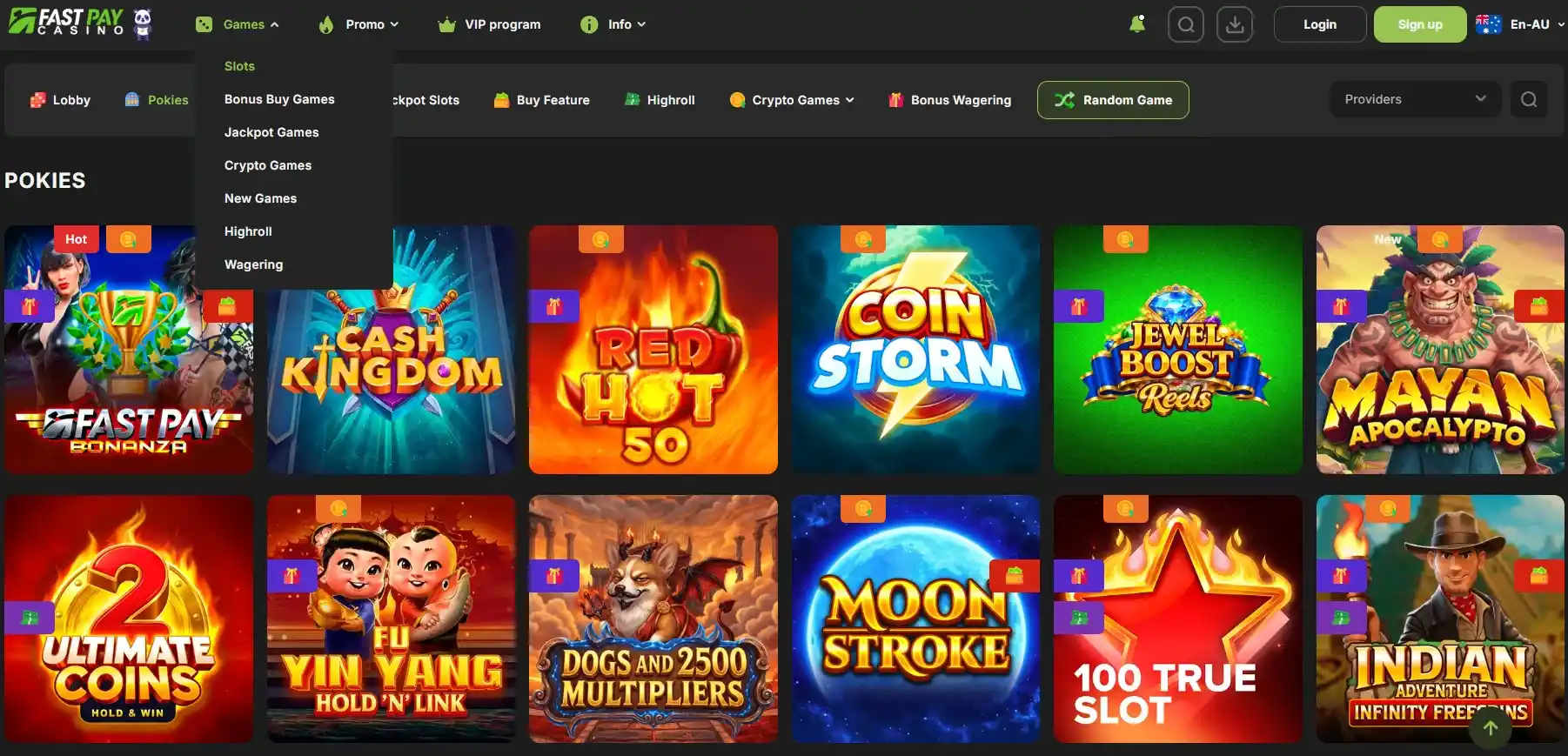 Fastpay Casino Australian game lobby showing game categories and provider filters