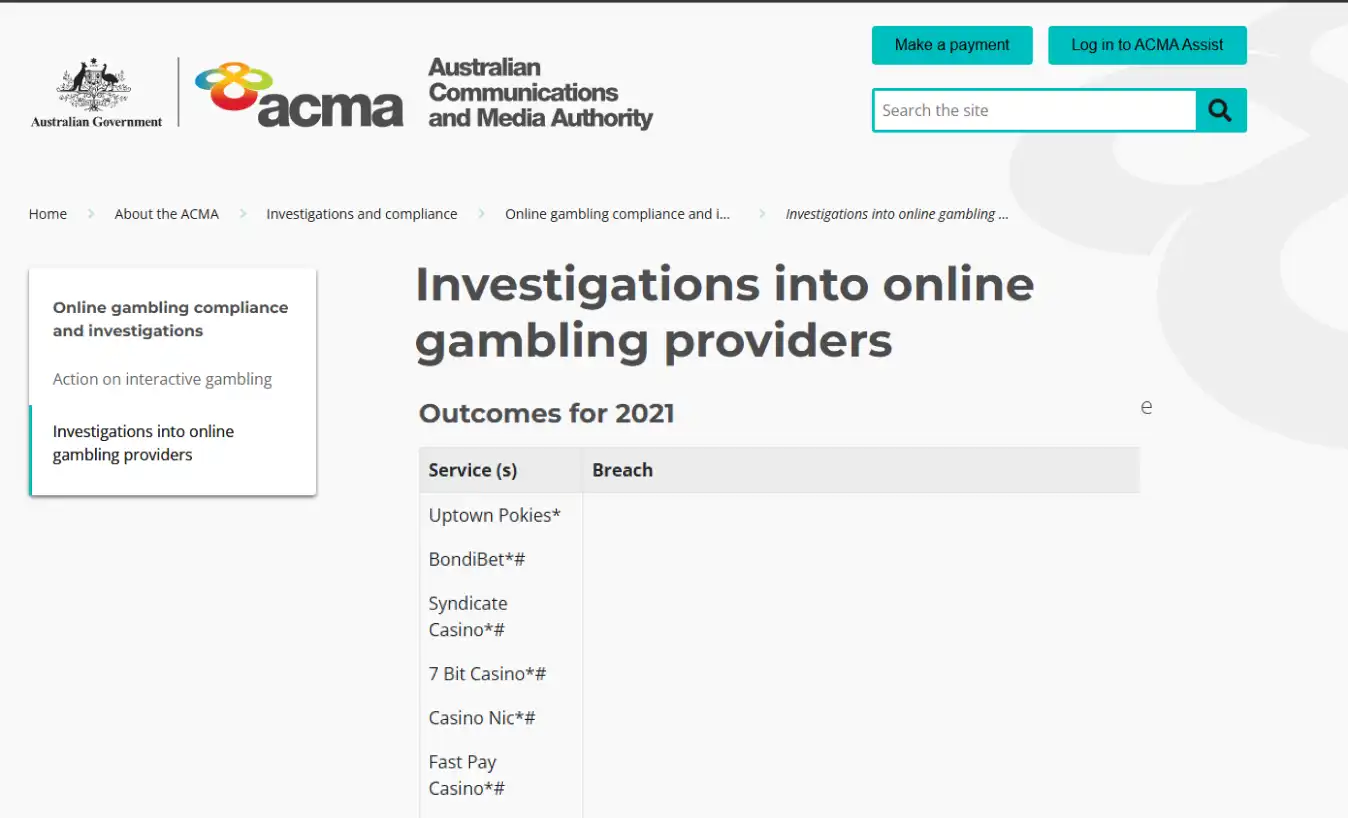 ACMA page used to verify Australian gambling operator and enforcement information