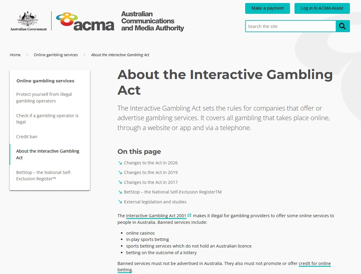 ACMA page explaining the Interactive Gambling Act and prohibited online gambling services in Australia