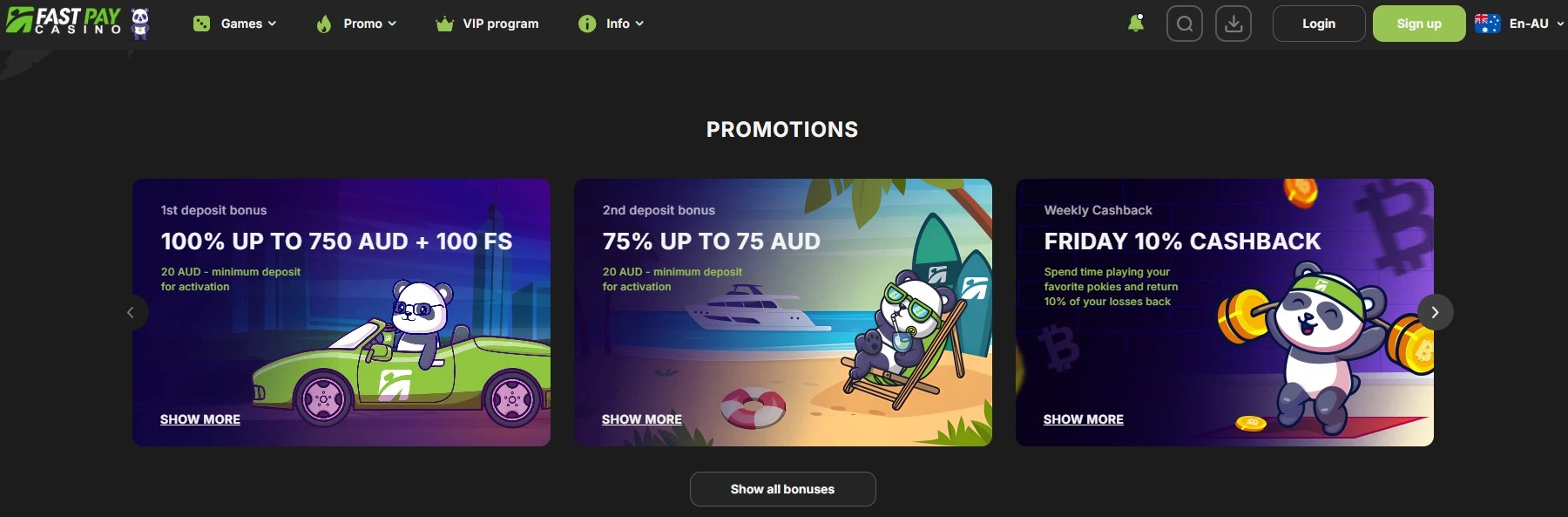 Fastpay Casino Australian homepage showing AUD-denominated promotional content